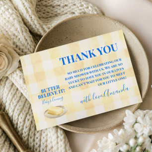 Ländliche gelbe Gingham-Jungen-Babyparty Dankeskarte