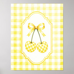 Ländliche gelbe Karo-Gingham-Kirsch-Illustration Poster