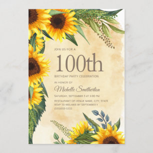 Ländliche gelbe Sonnenblumen 100. Geburtstag Einladung