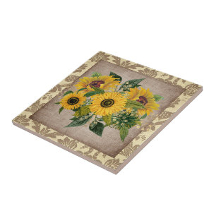Ländliche gelbe Sonnenblumen auf Jute-Vintage-Dama Fliese