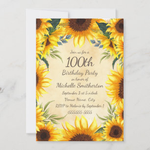 Ländliche gelbe Sonnenblumen zum 100. Geburtstag I Einladung