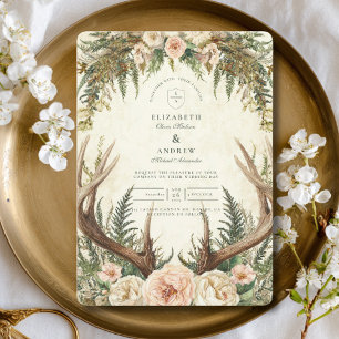 Ländliche Geweih-Wald-Blumenhochzeit Einladung