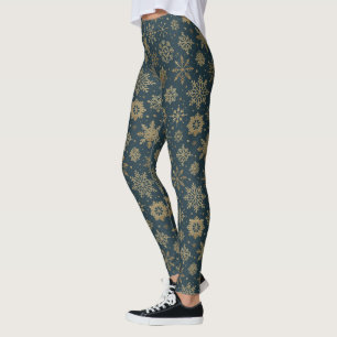 Ländliche goldene Schneeflocken auf dunklem Grün Leggings