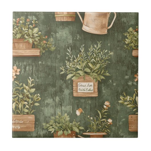 Ländliche grüne Kräuter Vintage-Cottage-Keramik Fliese (Vorderseite)