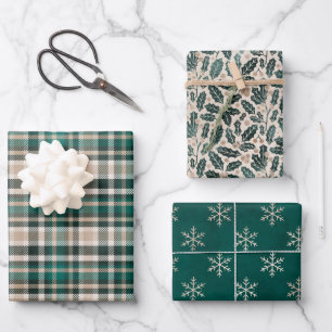 Ländliche grüne und beige Weihnachtsmuster Geschenkpapier Set