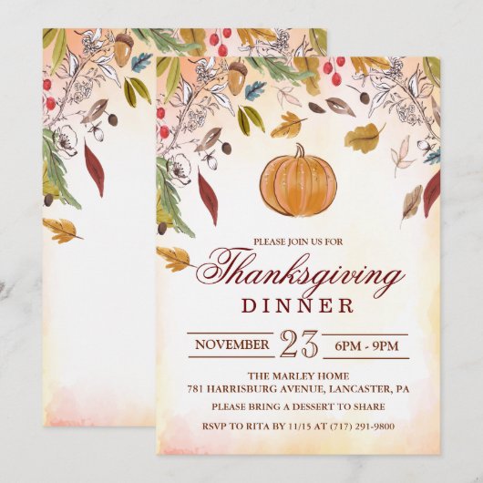 Ländliche Herbst-Erntedank-Dinner-Einladung mit Kü Einladung (Vorne/Hinten)