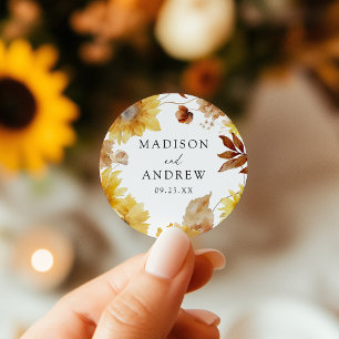 Ländliche Herbst-Sonnenblumen und Wildblumen-Hochz Runder Aufkleber