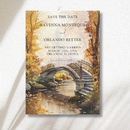 Ländliche Herbst-Steinbrücke-Fluss-Hochzeit im Her Save The Date