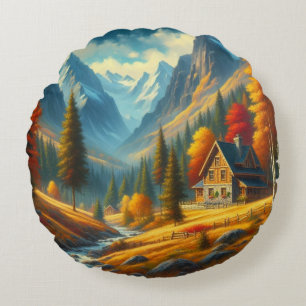 Ländliche, herbstliche Berghütte & Fluss Rundes Kissen