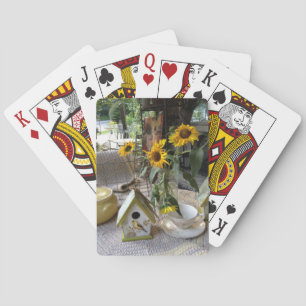 Ländliche Herbstsonnenblumen und Vogelhaus-Foto Spielkarten