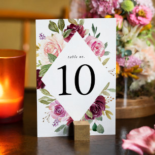 Ländliche Hochzeit mit rosa, burgunderroten und vi Tischnummer