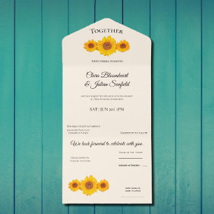 ländliche Hochzeit mit Sonnenblumen - in cremefarb All In One Einladung
