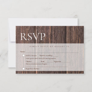 Ländliche Hochzeitsmenü-Auswahl dunkles Holz RSVP Karte