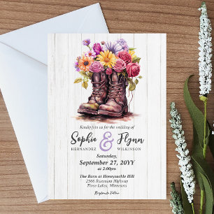 Ländliche Holz- und Blumenstiefel Landhochzeit Einladung