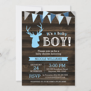 Ländliche Holzblaue Hirsch-Jungen-Baby-Shower-Einl Einladung