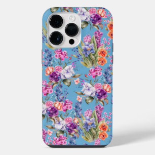 Ländliche hübsche Gartenblumen auf blauem Hintergr iPhone 14 Pro Max Hülle
