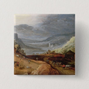 Ländliche Landschaft mit einem Bauern, der Pferde Button