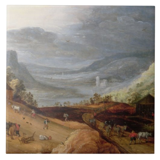 Ländliche Landschaft mit einem Bauern, der Pferde, Fliese (Vorderseite)