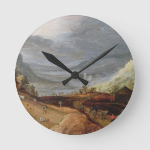Ländliche Landschaft mit einem Bauern, der Pferde Runde Wanduhr