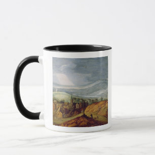 Ländliche Landschaft mit einem Pilger, der vor Tasse