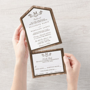 Ländliche Monogramm-Filiale & Holz-Hochzeit All In One Einladung