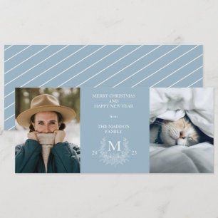 Ländliche Monogramm Zinn Blau Feiertagsfotokarte Feiertagskarte