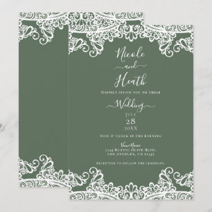 Ländliche Olive Weiße Spitze Elegante Hochzeit Einladung