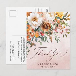 Ländliche Orange Florale Herbst-Hochzeits-Dankesch Postkarte