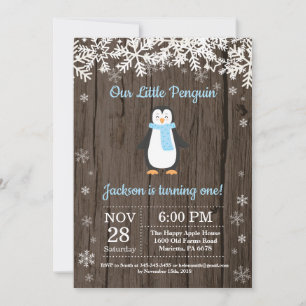 Ländliche Pinguin-Winter-Jungen-Geburtstagseinladu Einladung