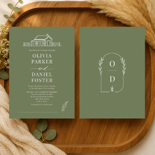 Ländliche Ranch-Linienkunst Oliven Grün Hochzeit Einladung