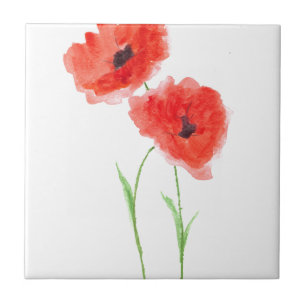 Ländliche rote Mohnblumen Aquarell-Mohn Fliese
