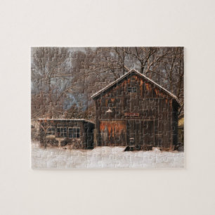 Ländliche Scheune & Cottage Vintage-Schneeszene Puzzle