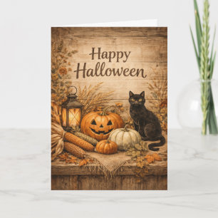 Ländliche Schwarze Katze Mais Halloween Karte