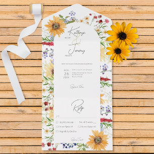 Ländliche Sommerwildblumen Sonnenblumen Weiße Dinn All In One Einladung