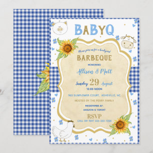Ländliche Sonnenblume Blau Gingham Baby Q Barbecue Einladung