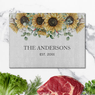 Ländliche Sonnenblumen-Eukalyptus-Blumen Botanisch Schneidebrett