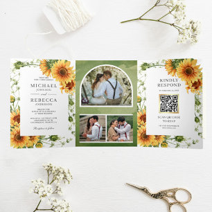 Ländliche Sonnenblumen Foto Arch QR Code Hochzeit Dreifach Gefaltete Einladung