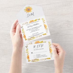 Ländliche Sonnenblumen-Herbsthochzeit All In One Einladung