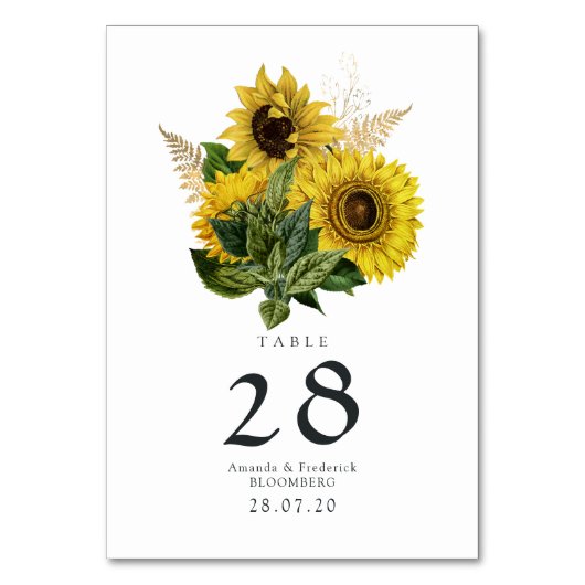 Ländliche Sonnenblumen-Landhochzeit Tischnummer (Vorderseite)