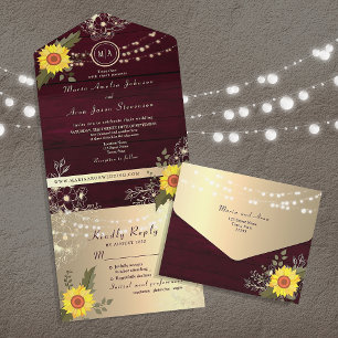 Ländliche Sonnenblumen-Lichterkette Hochzeit All In One Einladung