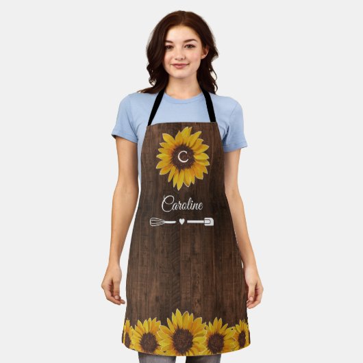 Ländliche Sonnenblumen-Monogramm-Holzküche Schürze (Getragen)