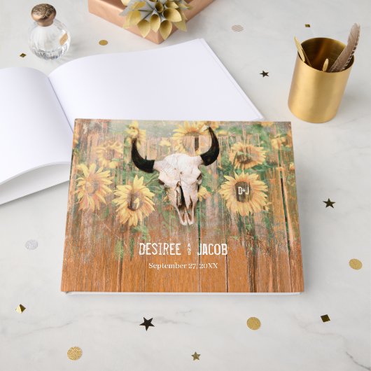 Ländliche Sonnenblumen Stier Schädel Western Flora Gästebuch (Vorderseite Offen)