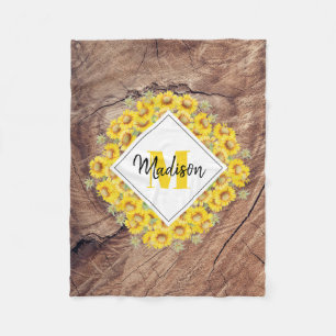 Ländliche Sonnenblumen und Holzstruktur-Monogramm Fleecedecke