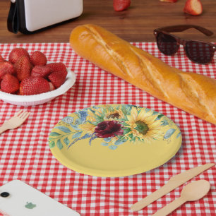 Ländliche Sonnenblumen und Rosen Floral Gelb Pappteller