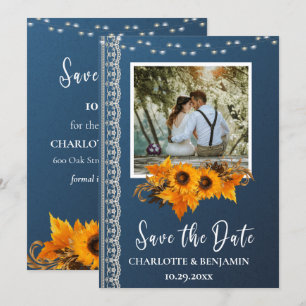 Ländliche Staubblaue Sonnenblumen- und Spitzenhoch Save The Date