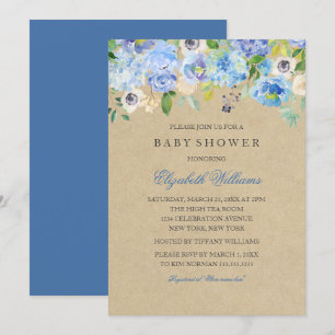 Ländliche Vintage Blaue Blumige Einladung zur Baby