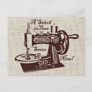 Ländliche Vintage-Nähmaschine Postkarte
