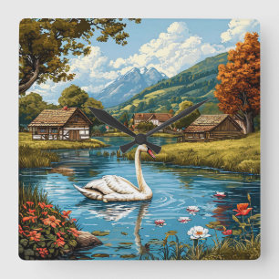 Ländliche Vintage-Schwäne Natur Landschaft Quadratische Wanduhr