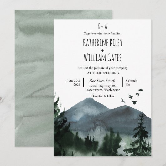 Ländliche Wald Berg Hochzeitseinladung Einladung (Vorne/Hinten)