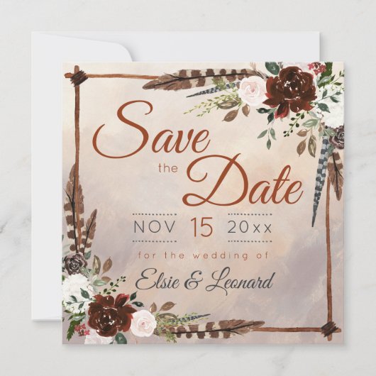 Ländliche Wald Federn und Florale Blüten Save The Date (Vorderseite)